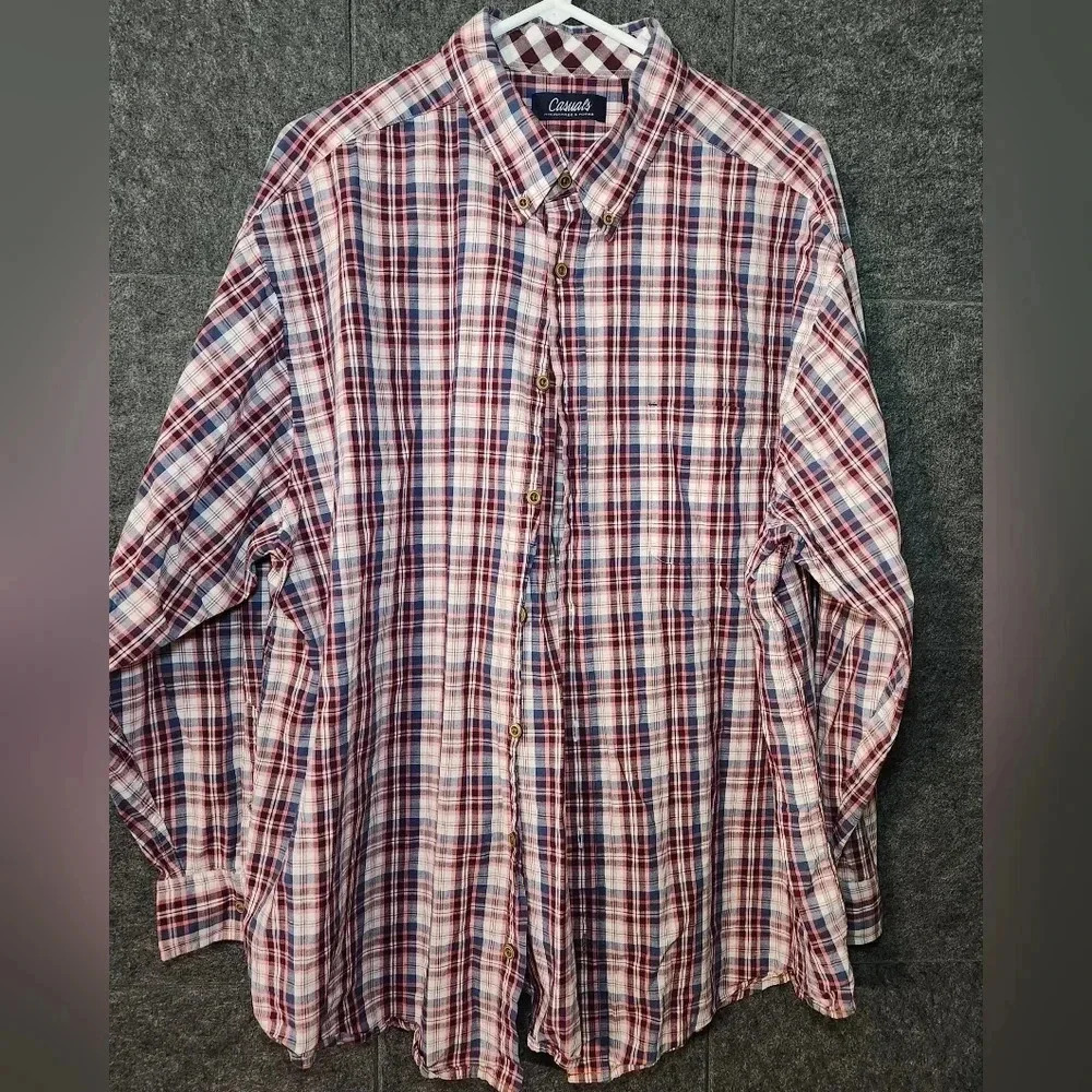 Men's Big & Tall Roundtree & Yorke Casuals Button Long Sleeve Shirt 2X Red Plaid